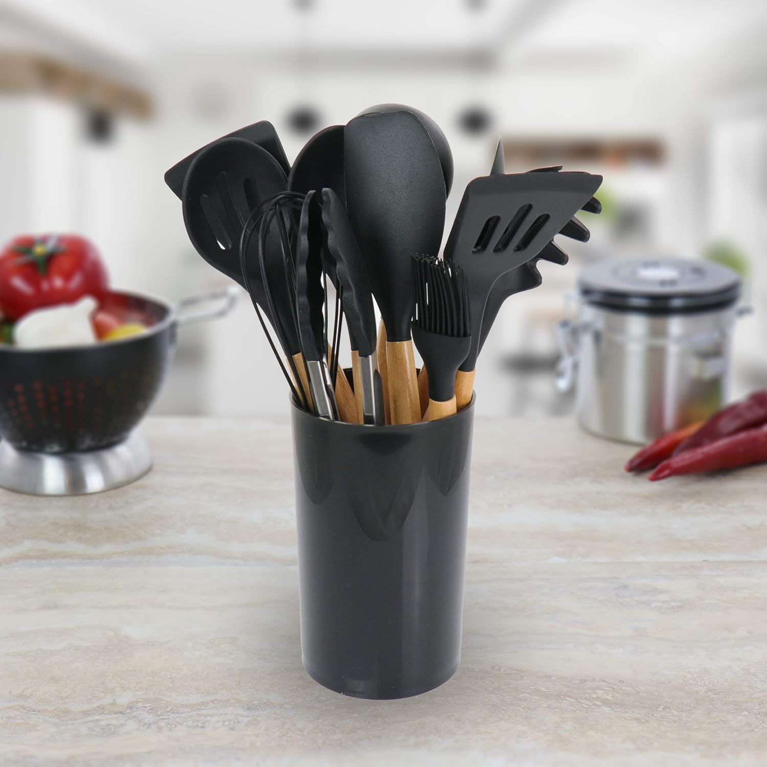 MegaChef Tool Wooden Cookware Utensil Set, 12 Piece, Black and Wood Texture