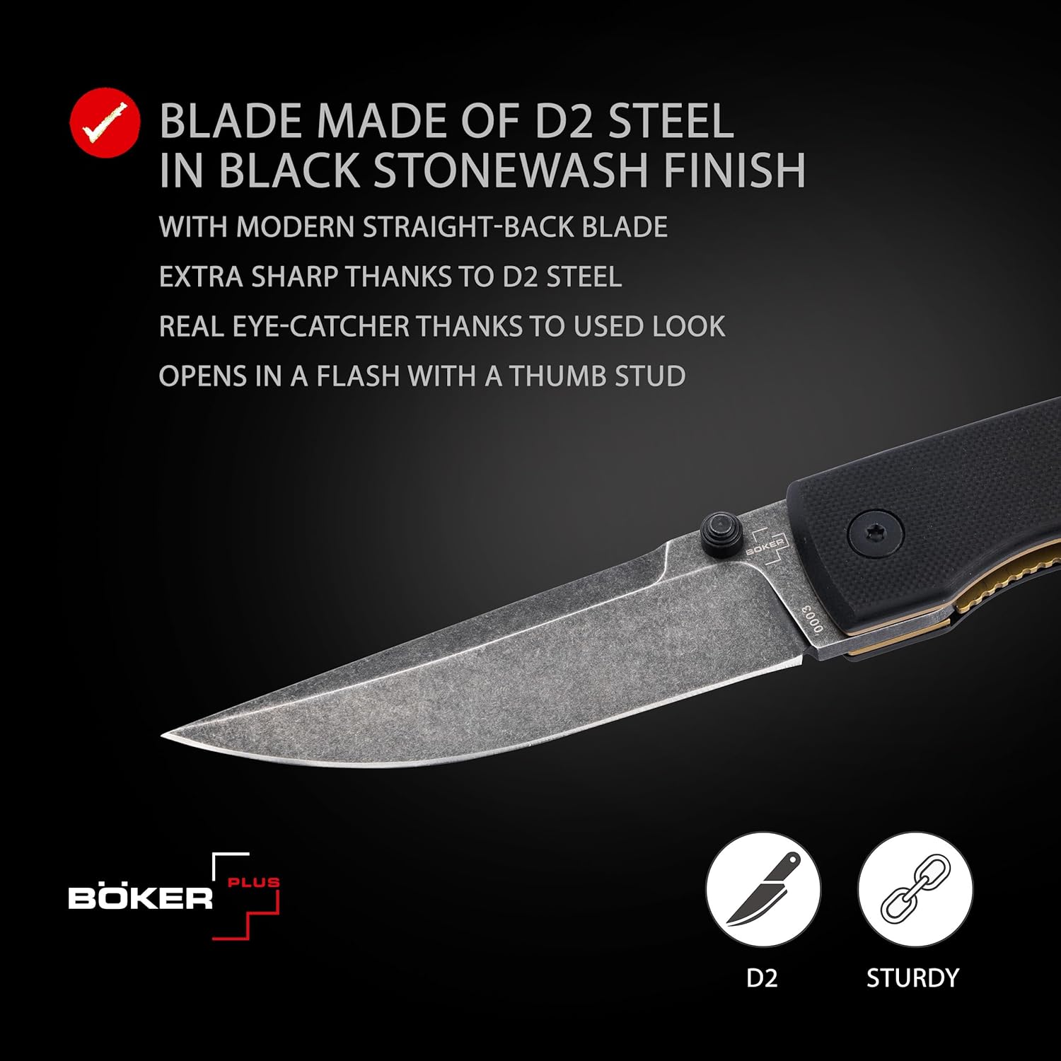 BÖKER PLUS® Poke Knife - Pocket folding knife with D2 steel blade with thumb pin - linerlock