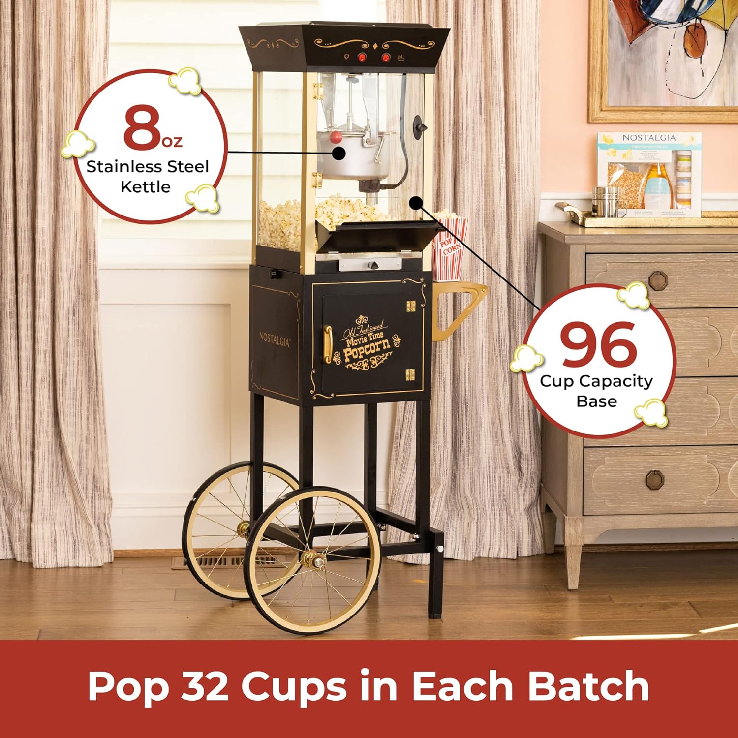 NOSTALGIA Vintage-Style Professional Popcorn Cart with 8 oz Kettle