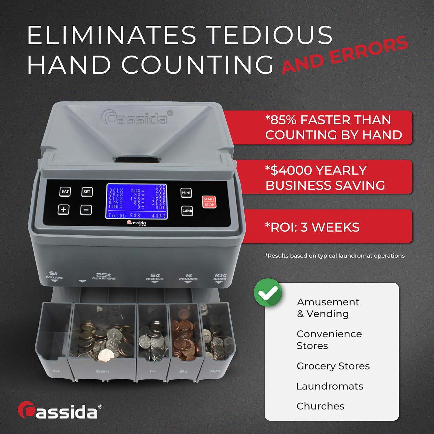 Cassida C300 Professional USD Coin Counter, Sorter and Wrapper/Roller, 300 coins/min, with Quickload and Printing-Compatible