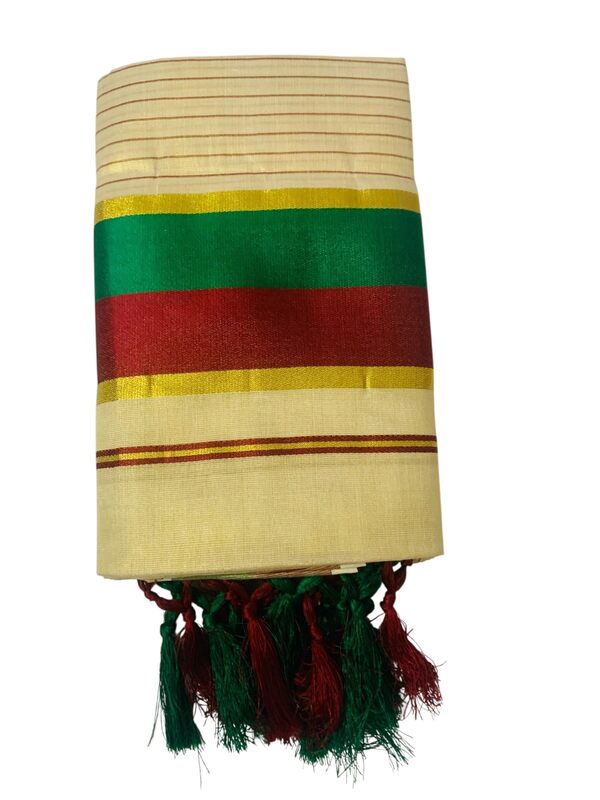 Women's Kuthampully Kerala Kasavu Set mundu Tissue with Kunjam | Kerala Tissue set mundu latest collections | Kuthampully Stripe Kasavu set mundu - Multi Color KTM-902 (Maroon)