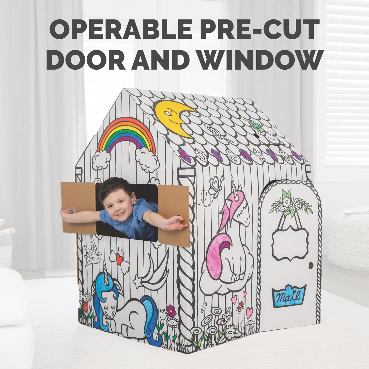 Bankers Box at Play Color in Unicorn Playhouse, Cardboard Playhouse and Life Size Craft Activity for Kids and Families