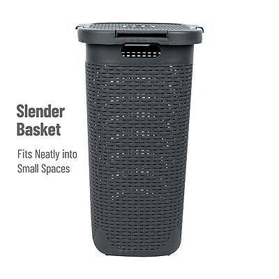 MIND READER Slim Laundry Hamper with Lid, 60L Wicker-Style Plastic