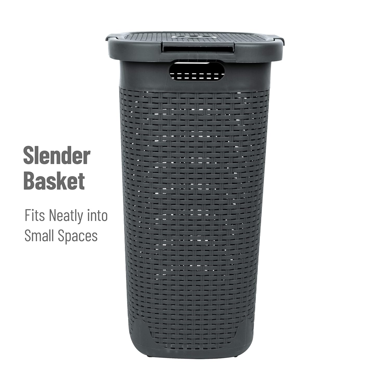 MIND READER Slim Laundry Hamper with Lid, 60L Wicker-Style Plastic