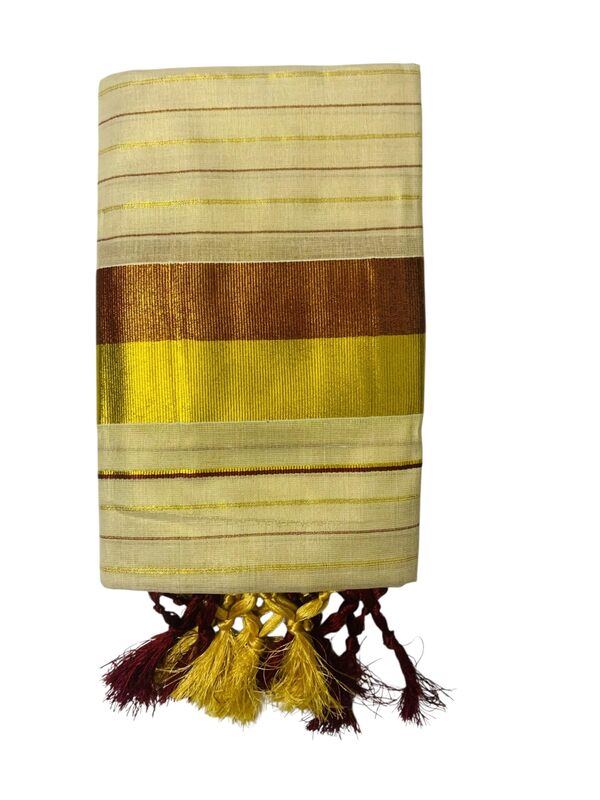 Women's Kuthampully Kerala Kasavu Set mundu Tissue with Kunjam | Kerala Tissue set mundu latest collections | Kuthampully set mundu - Multi color KTM-902 (Brown-Gold)