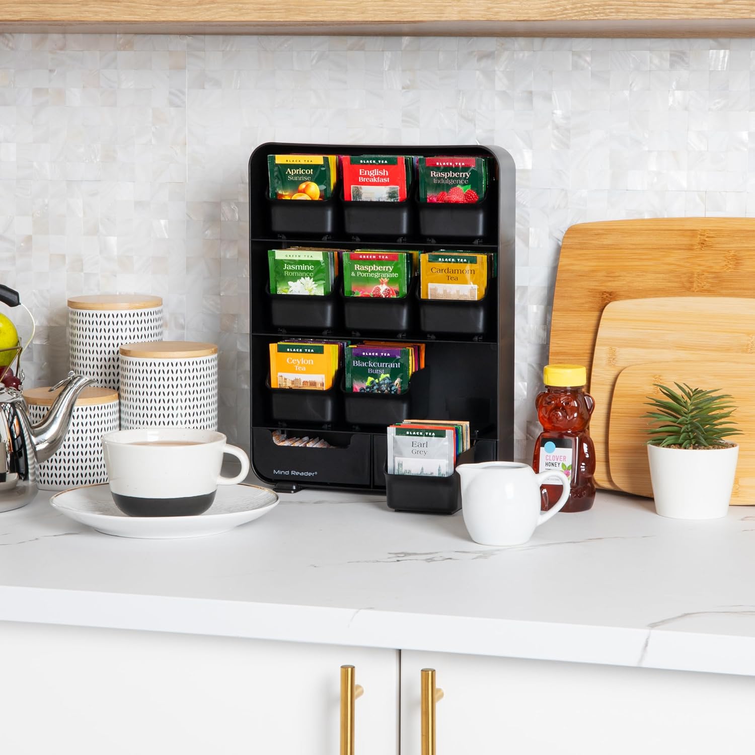 Mind Reader Tea Bag Organizer, Tea Station Organizer, Countertop Storage, Kitchen, Plastic, 10.25"L x 3.25"W x 13.75"H, Black