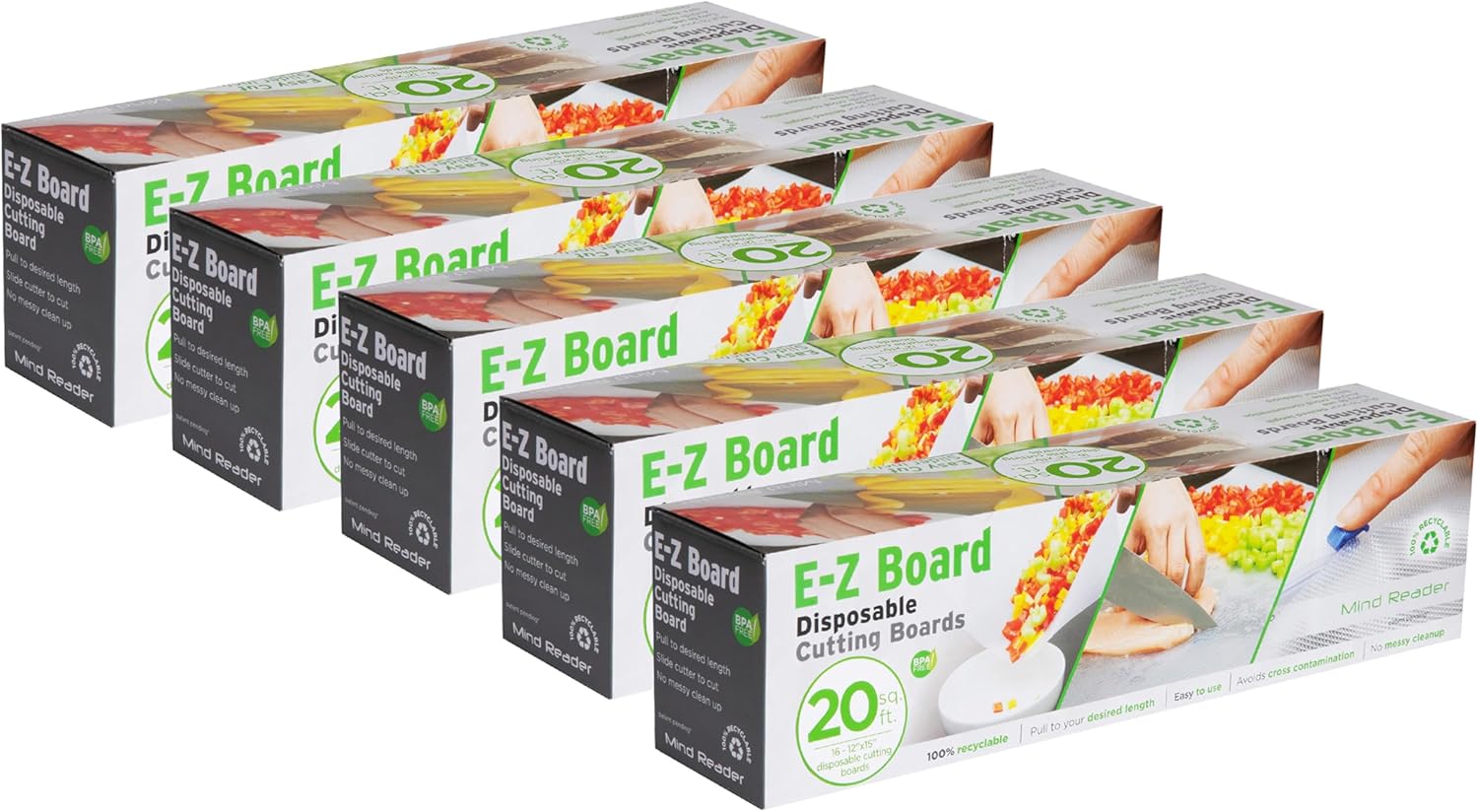 Mind Reader E-Z Board Disposable Plastic Cutting Board, Flexible, 20 sf, Camping, 13.75"L x 3.125"W x 3.75"H, 5 Pack, Clear