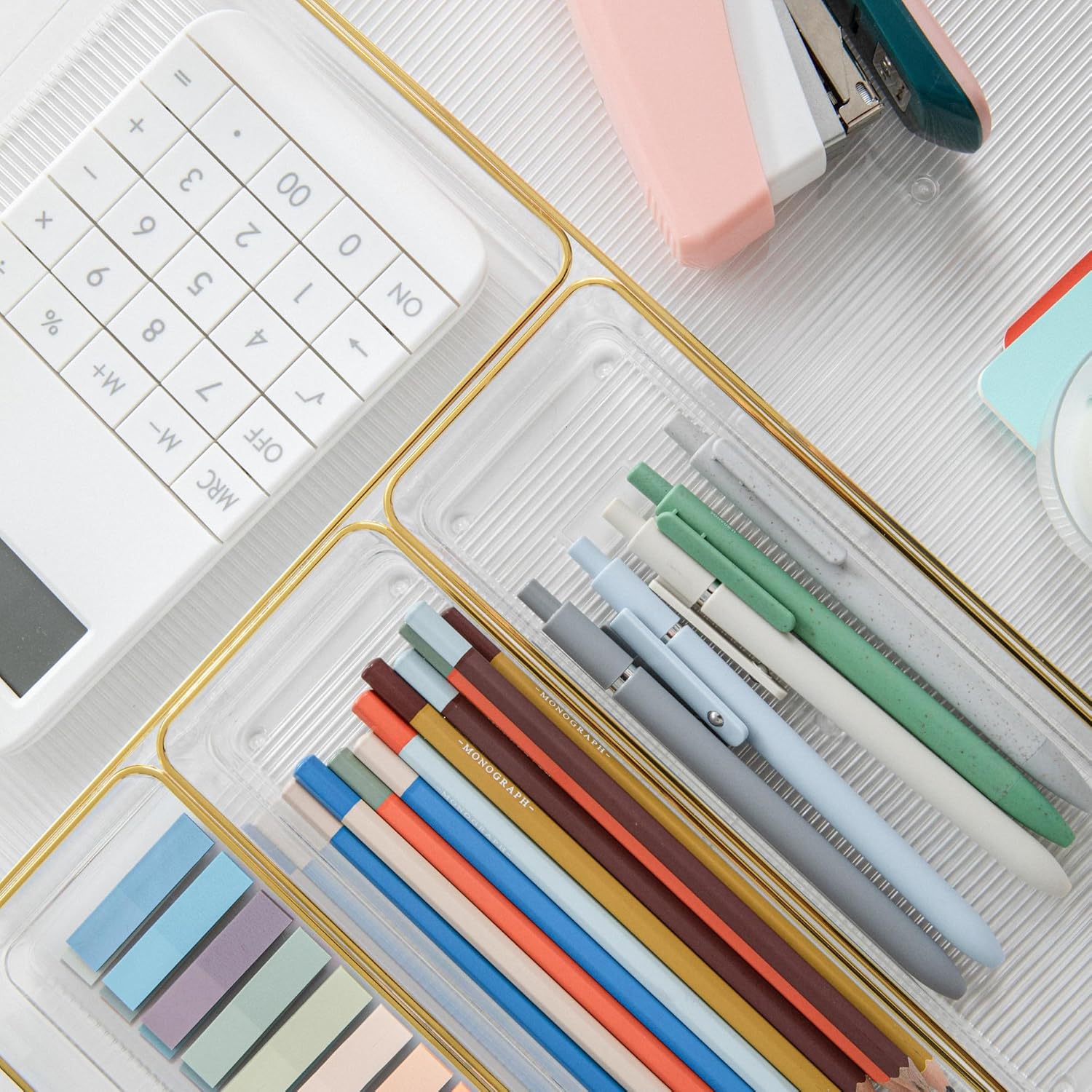 MARTHA STEWART Kerry Plastic Stackable Office Desk Drawer Organizers with Gold Trim