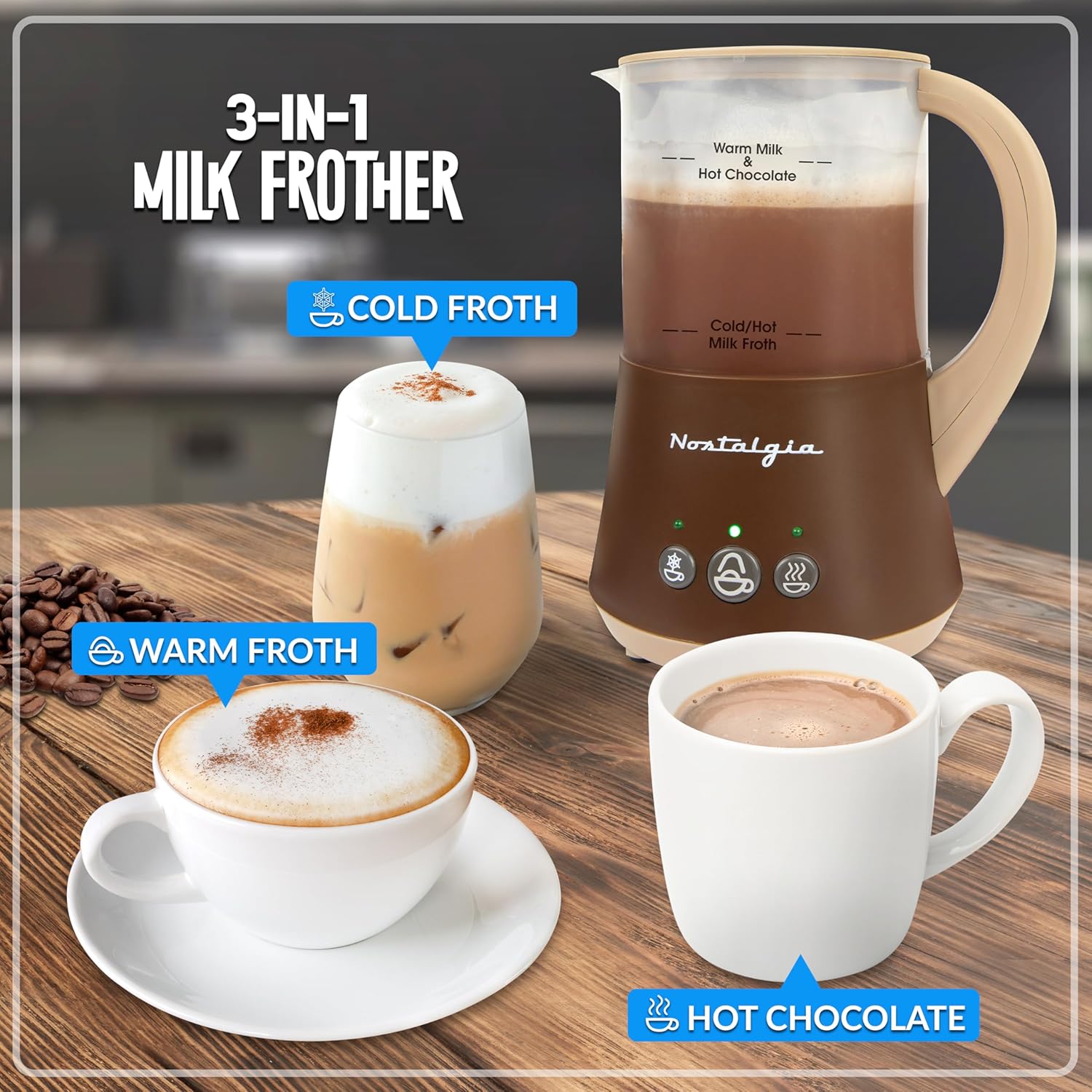 Nostalgia 32 Oz Frother and Hot Chocolate Maker, Warm or Cold Milk Foam, Includes Cocoa Bomb Mold, for Coffees, Lattes