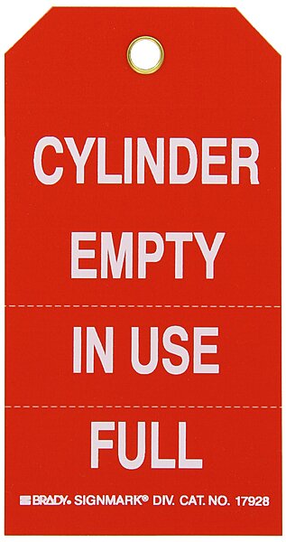Brady 17928 3" Width x 5-3/4" Height, B-851 Economy Polyester, White on Red Cylinder Status Tag, Front and Back Legend "Cylinder Empty In Use Full" (Pack of 10)