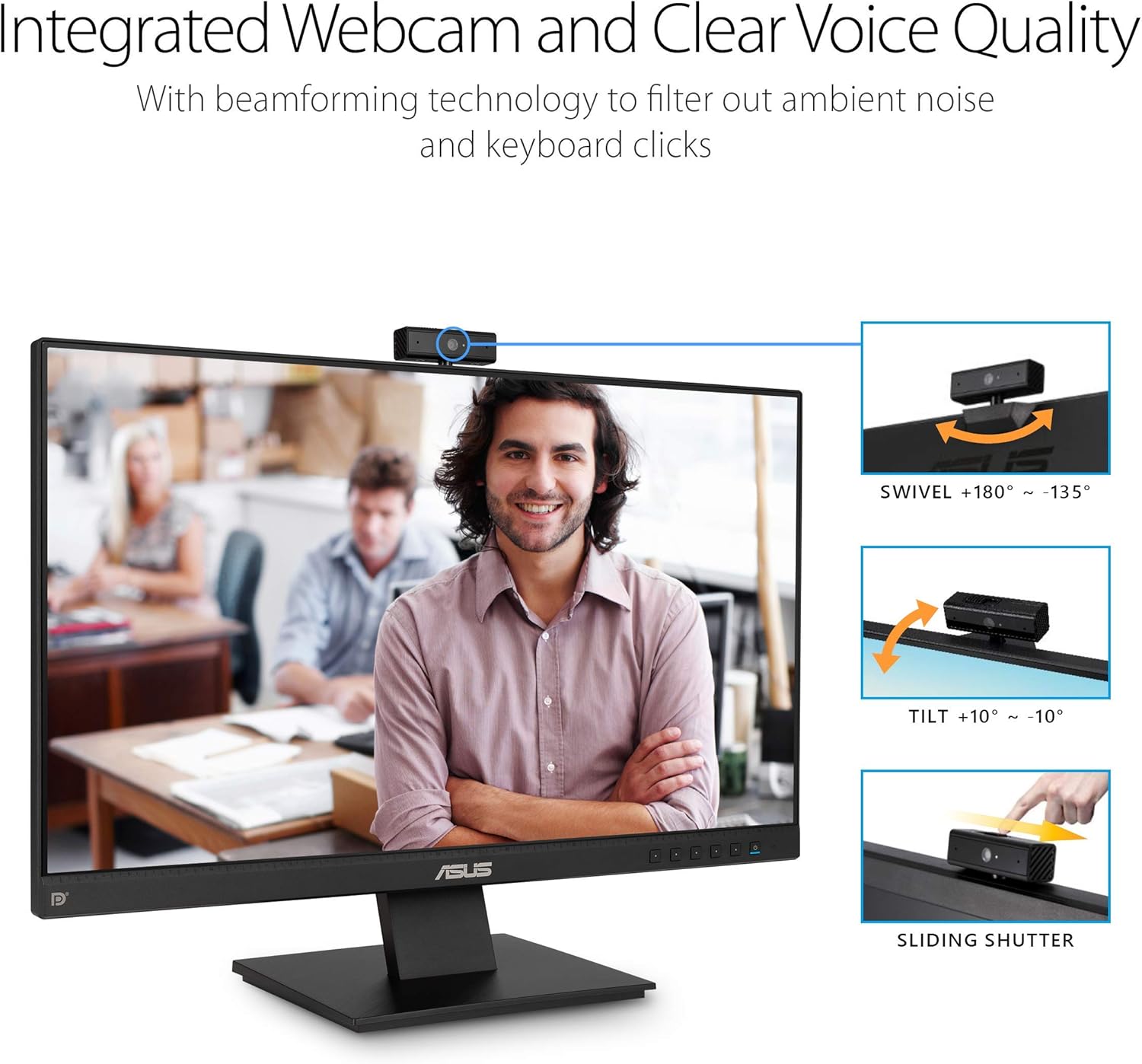 ASUS BE24EQK 23.8” Business Monitor with 1080P Full HD IPS, Eye Care, DisplayPort HDMI, Frameless, Built-in Adjustable 2MP Webcam, Mic Array, Stereo speaker, Video Conference,BLACK