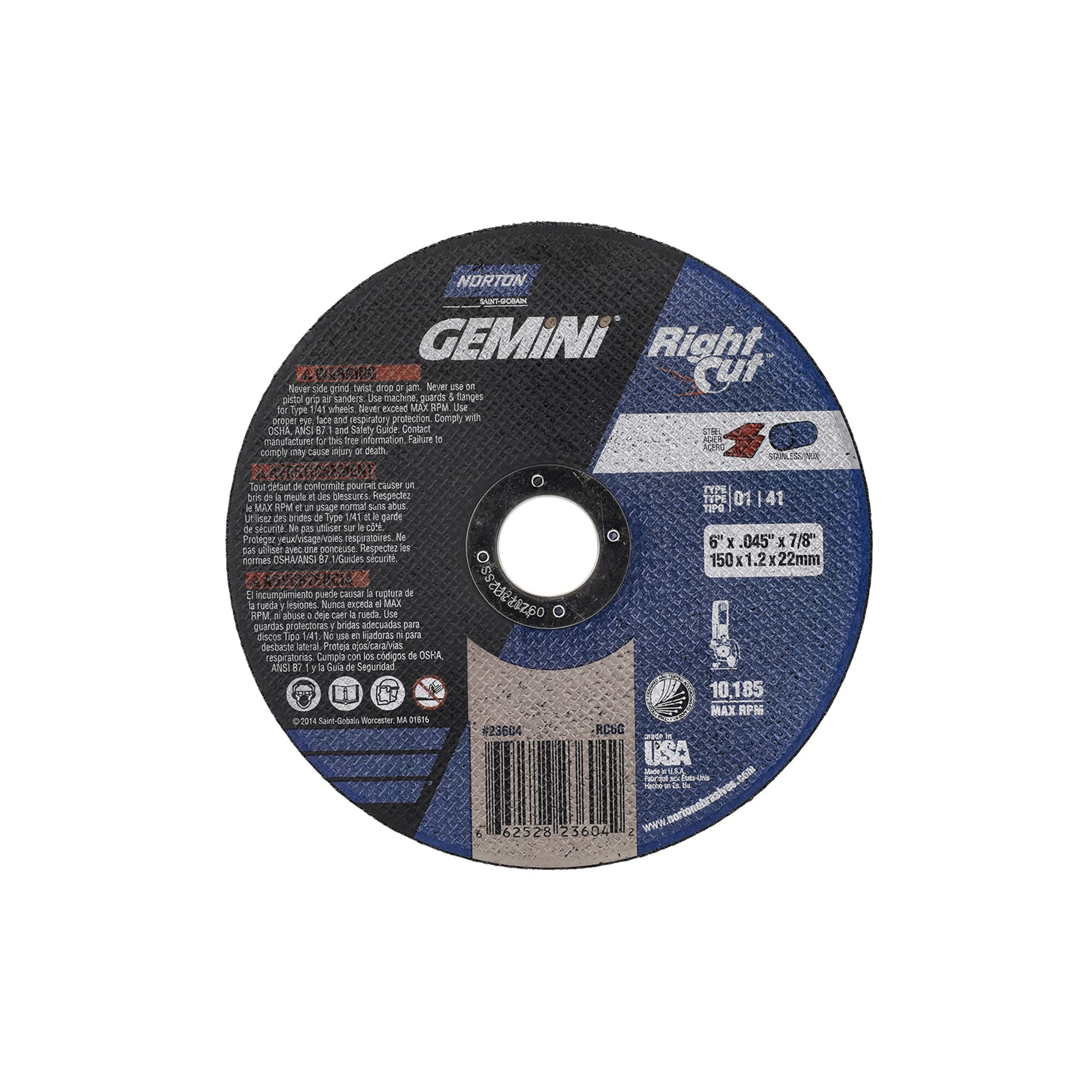 NORTON ABRASIVES/ST GOBAIN 66252823604 Type 1 Cut-Off Wheel, 6 in Dia x 0.045 in T, 7/8 in Arbor
