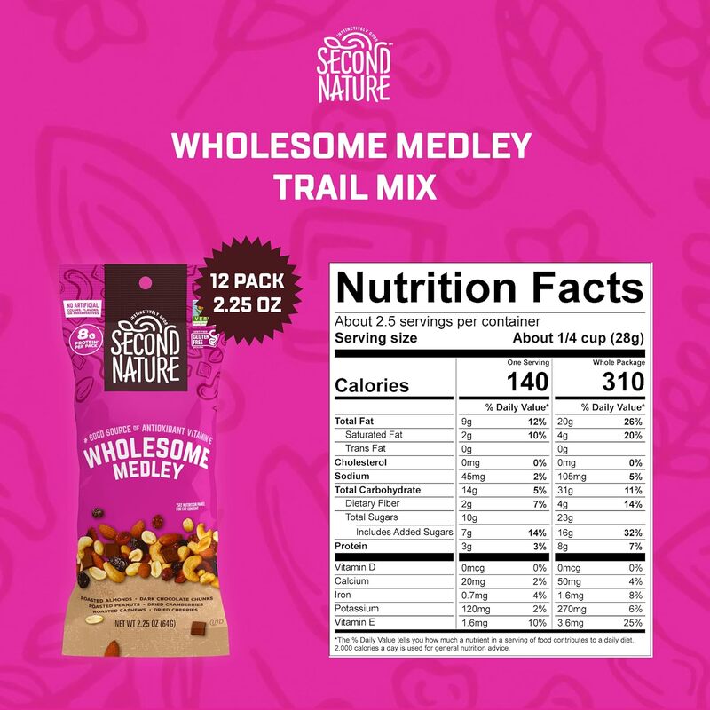 Second Nature Wholesome Medley Trail Mix - 12 Count, 2.25 oz Individual Snack Packs, Certified Gluten-Free – Dark Chocolate