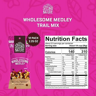 Second Nature Wholesome Medley Trail Mix - 12 Count, 2.25 oz Individual Snack Packs, Certified Gluten-Free – Dark Chocolate