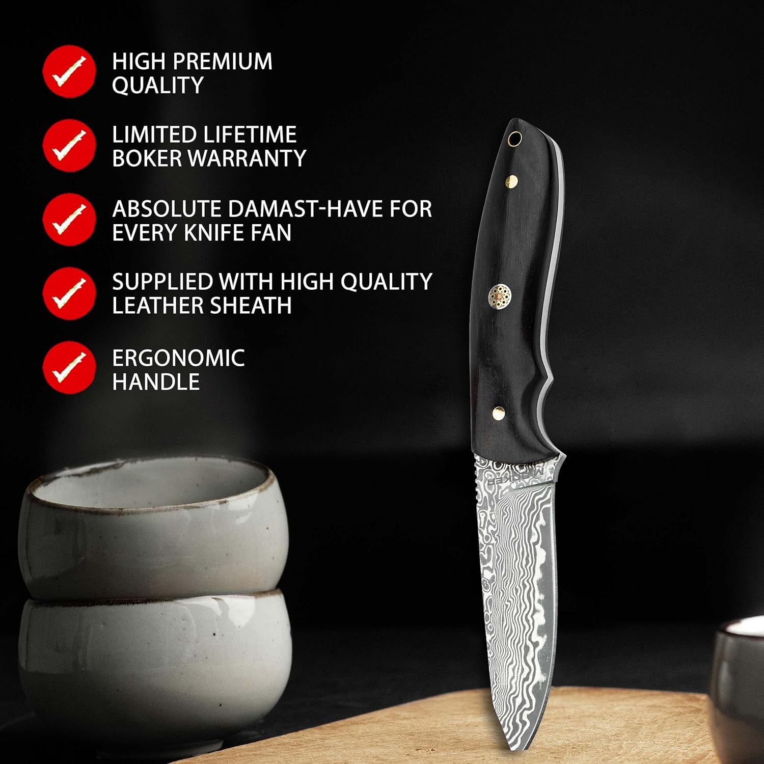 Böker MAGNUM® Vernery Damascus Knife - Hunting knife with leather sheath black