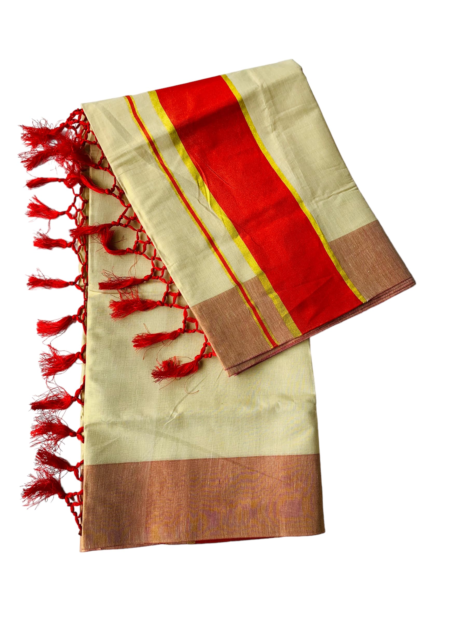 ALLUVY Kuthampully Kerala Saree |Traditional South Indian Sarees |Onam Tissue Kasavu Saree |Authentic South Cultural Sarees |Women's Plain Zari Kasavu |EKM-795 Pack -1 (Red)