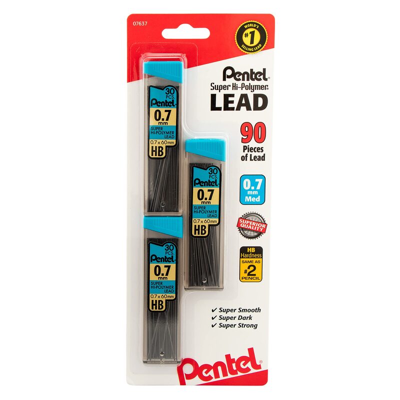 Pentel C27BPHB3K6 Super Hi-Polymer Lead Refills, 0.7mm, HB, Black, 30/Tube