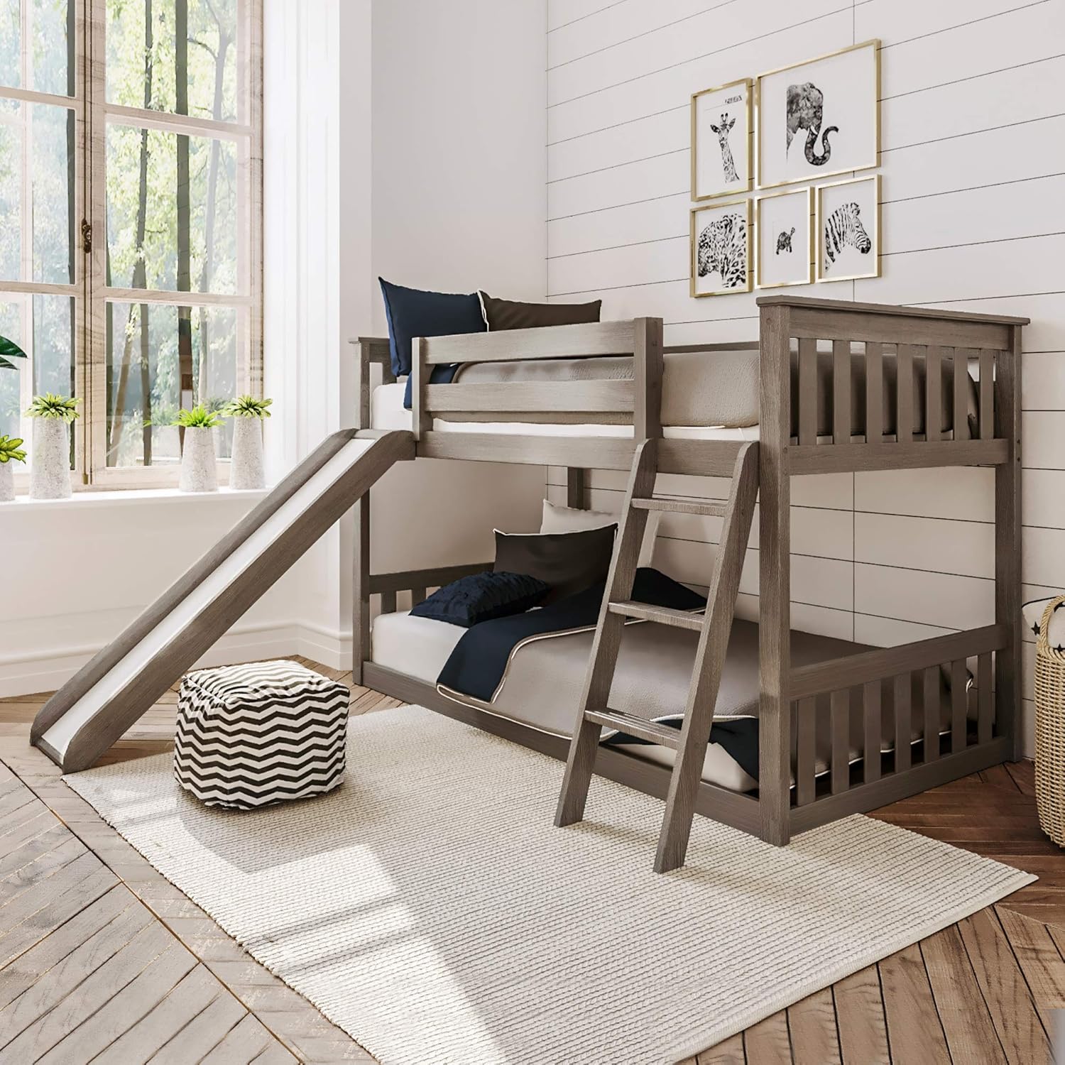 Twin Over Twin Low Bunk Bed with Slide and Ladder – White Finish