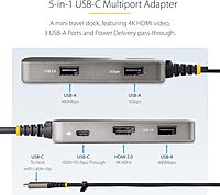 StarTech.com USB-C Multiport Adapter, 4K 60Hz HDMI withHDR, 3-Port USB Hub, 100W Power Delivery Pass-Through