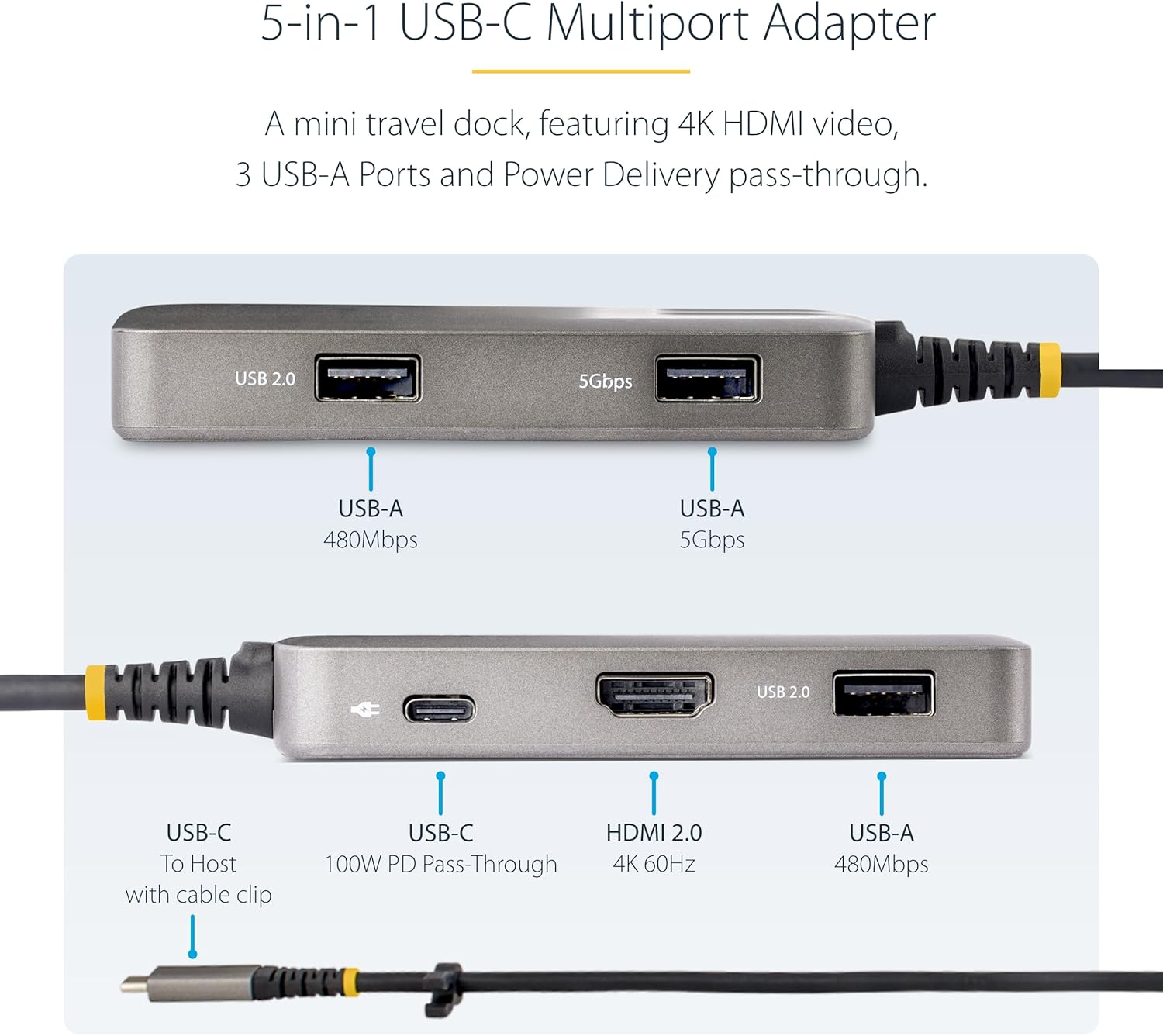 StarTech.com USB-C Multiport Adapter, 4K 60Hz HDMI withHDR, 3-Port USB Hub, 100W Power Delivery Pass-Through