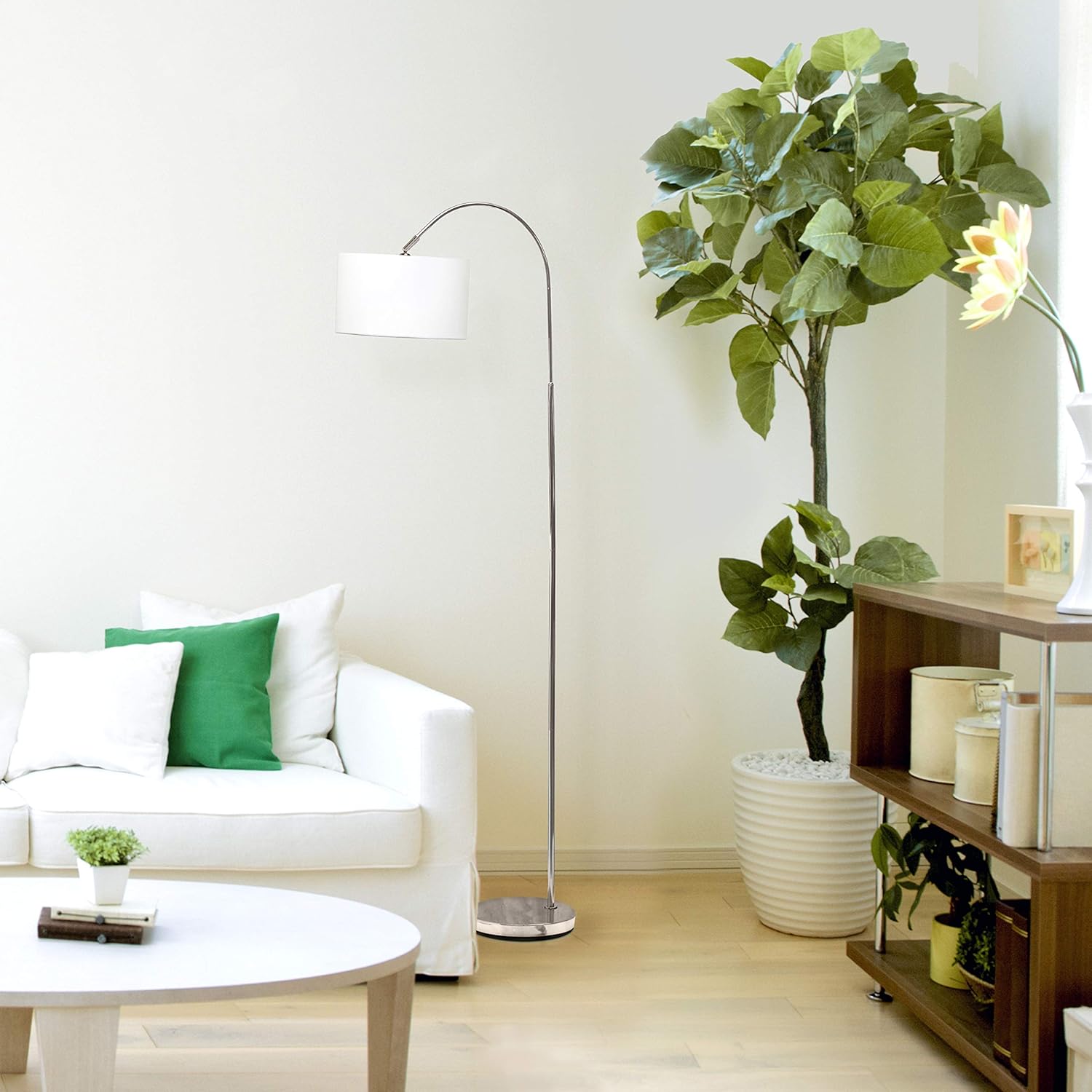 Simple Designs LF2005-WHT Arched Brushed Nickel Floor Lamp with White Fabric Shade White No Bulb