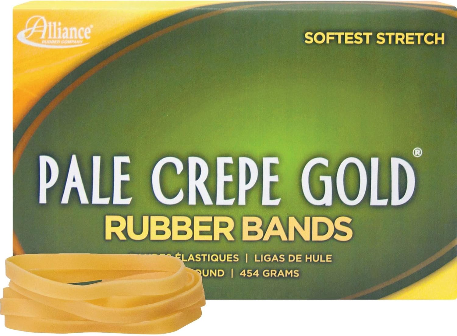 Alliance Pale Crepe Gold Rubber Bands, Size #64 (3-1/2" x 1/4"), Approx. 490 Bands, 1 lb. Box, Golden Crepe (20645) 1 Pounds