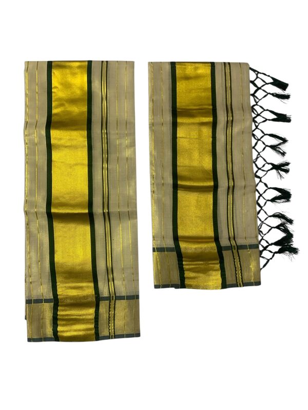 Women's Kuthampully Kerala Kasavu Set mundu Tissue Stripe with Kunjam | Kerala Tissue set mundu onam latest collections | Stripe Kasavu set mundu - Multi Color KTM-911 (Dark-Green)