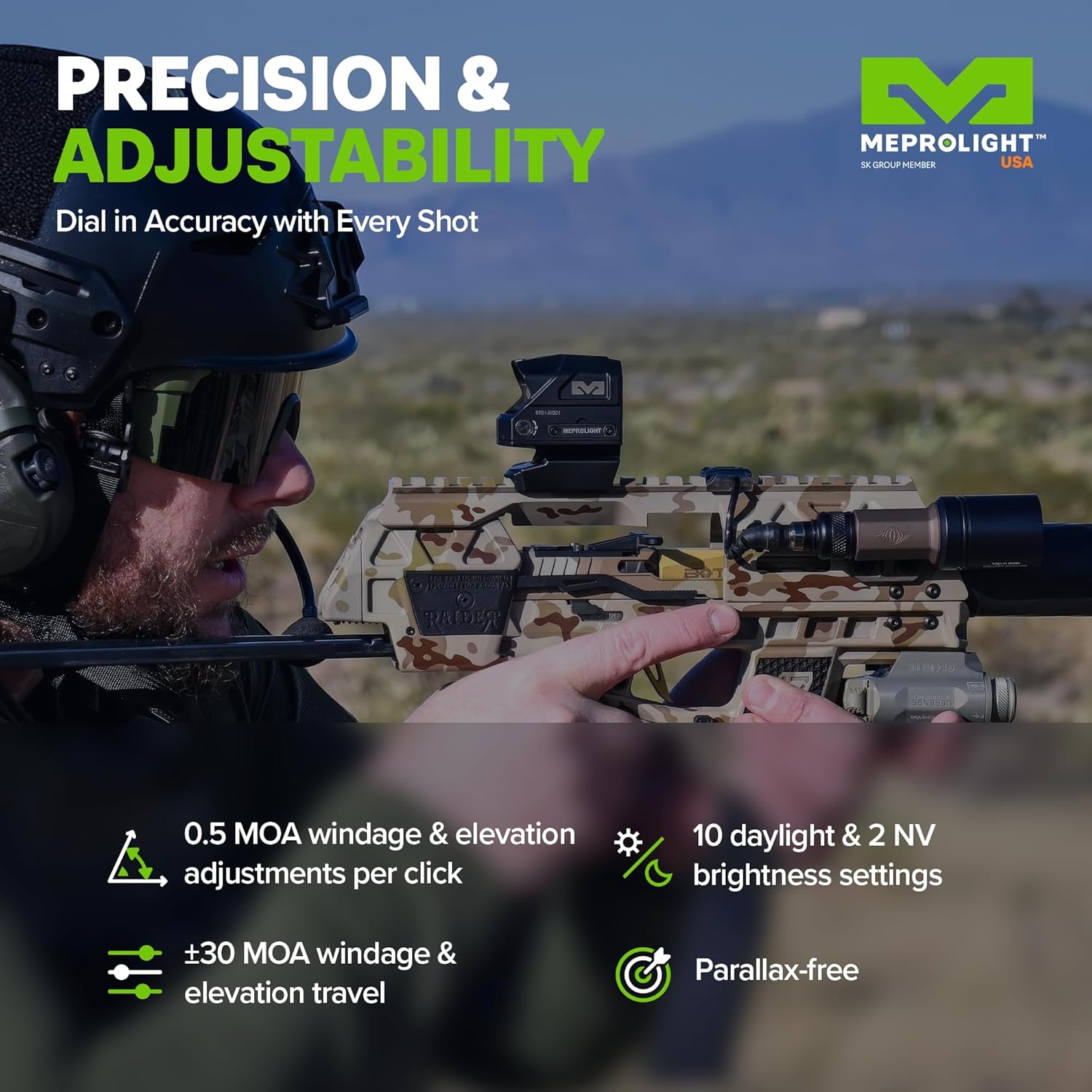 Meprolight MCO PRO 2/68 MOA Reflex Sight, 10 Day/2 NV Brightness, Shake Awake, IP67 Waterproof, 25,000+ Hour Battery