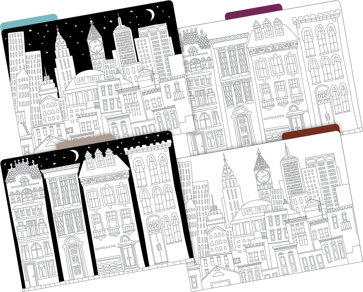 Barker Creek Designer File Folders Set of 24, Color Me! Cityscapes, Multi-Design Set, Adult Coloring Book Style