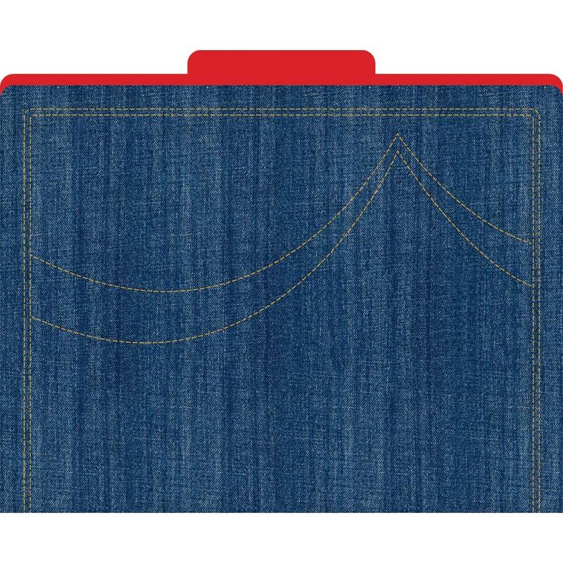 Barker Creek Designer File Folders Set of 12, Denim, Iconic Denim Pattern on The Outside, Vibrant Red on The Inside