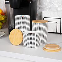 Mind Reader 3-Piece Canister Set, Sugar Container, Coffee Storage, Lids, Kitchen, Ceramic, 4"L x 4"W x 7"H, Black and White