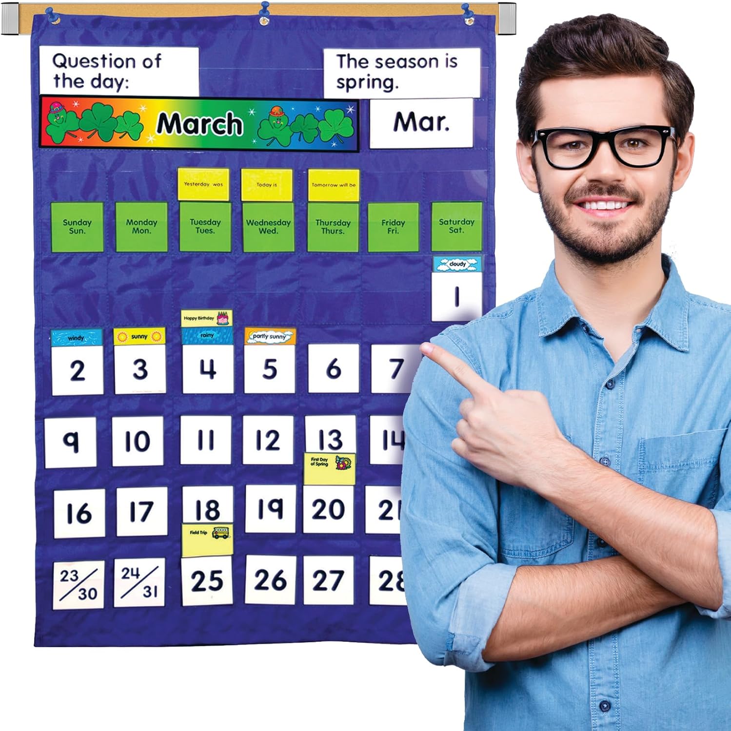 Carson Dellosa 26" x 37.25" Weather and Monthly Calendar Pocket Chart, Months, Days of The Week, Dates, and Season Cards for Circle Time Learning Center, Homeschool, or Classroom Organization