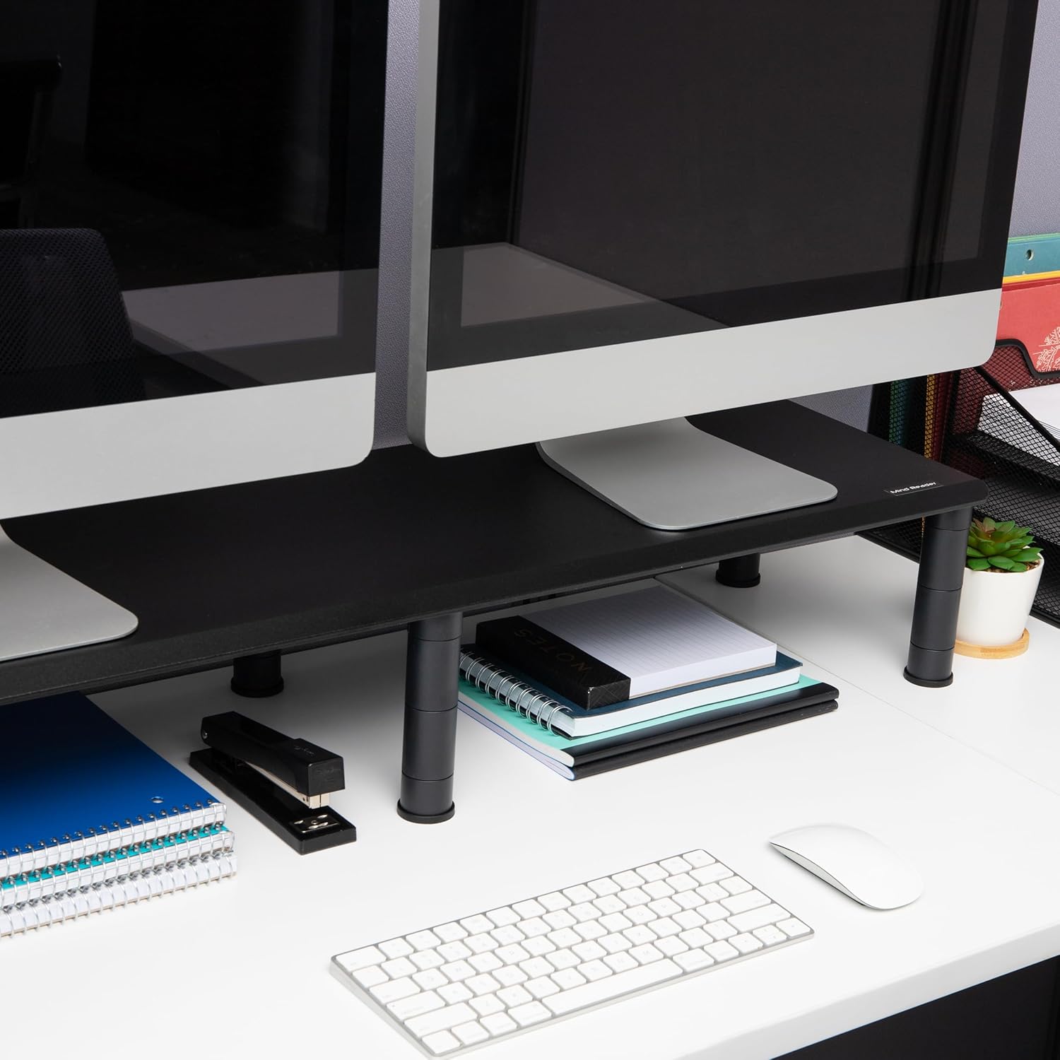 MIND READER Dual Monitor Stand, Height Adjustable Desktop Organizer Laptop Riser, 38.5" L x 11" W x 2.55-6.5" H, Black