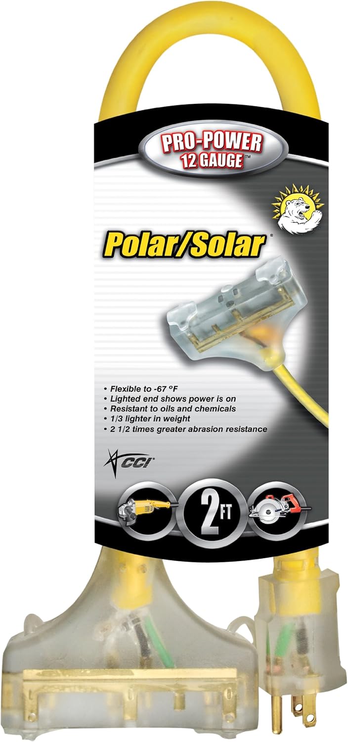 Southwire 34820002 3482SW8802 2ft 12/3 SEOW Polar/Solar Three-Way Power Block, 2 ft, Yellow 3-Outlet
