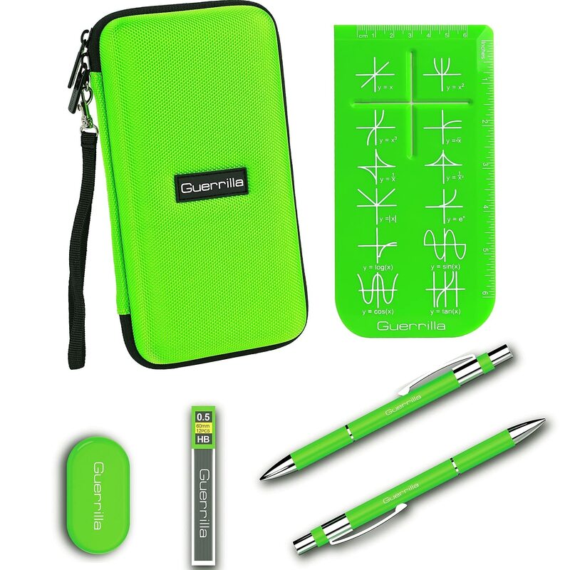 Guerrilla Hard Travel Case for TI-83 Plus, TI-84 Plus, TI-84 Plus Color Edition, TI-89 Titanium, TI-Nspire CX&CX CAS,HP50G Graphing Calculators + Guerrilla's Essential Calculator Accessory Kit, Green