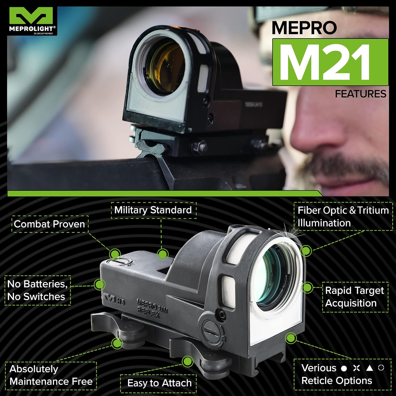 MEPROLIGHT Mepro M21 Self-Powered Day and Night Reflex Sight with Tritium and Fiber Optics