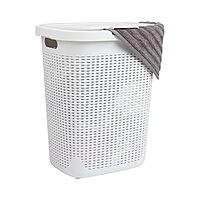 Mind Reader Slim Laundry Hamper with Lid, 50L Ventilated Plastic Wicker Basket