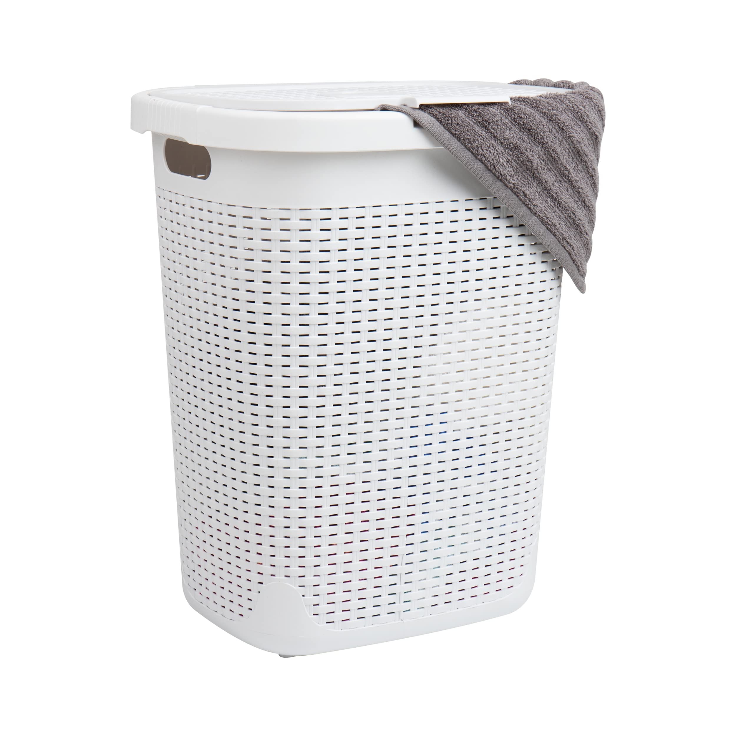 Mind Reader Slim Laundry Hamper with Lid, 50L Ventilated Plastic Wicker Basket