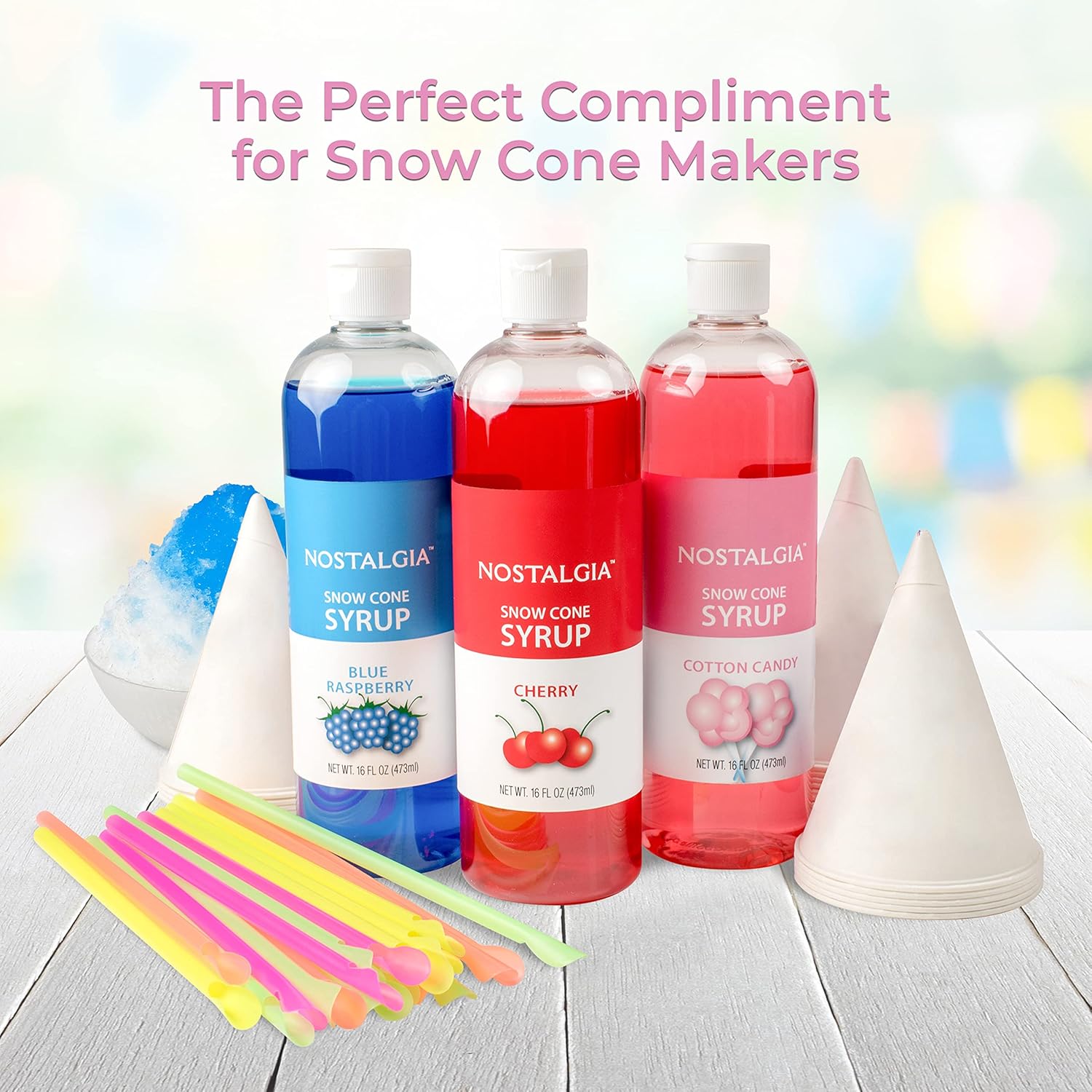 NOSTALGIA Snow Cone Syrup Party Kit with Cups and Spoon-Straws