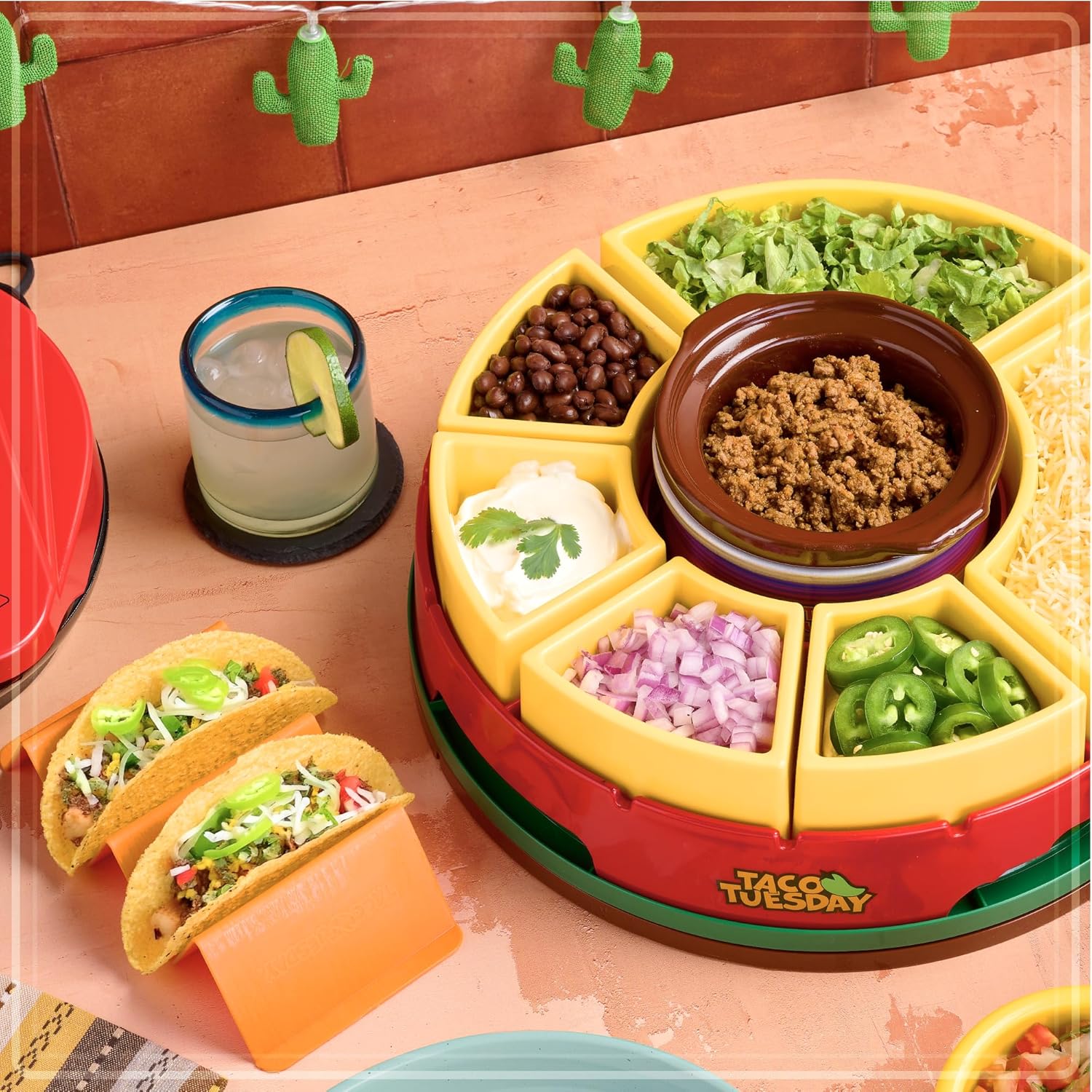 Nostalgia Taco Tuesday Heated Lazy Susan Taco Bar Serving Set for a Party with 4 Tortilla Holders, Fondue Pot for Burritos