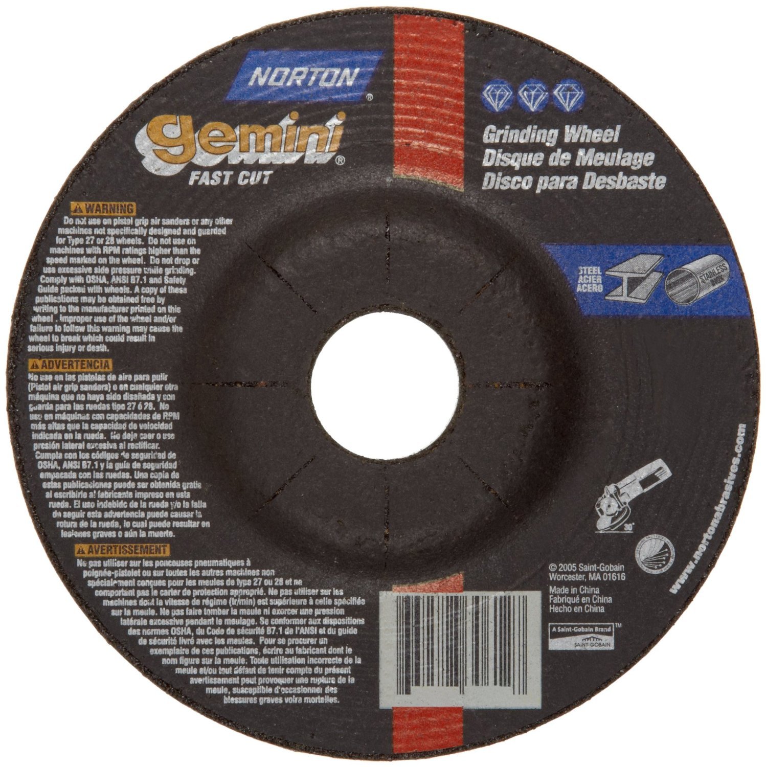 Norton 547-66253049105 Gemini Fast Cut Aluminum Oxide Type 27 Depressed Center Wheel, 9", 1/4", 24 Grit, 5/8-11 UNC, 6600 rpm