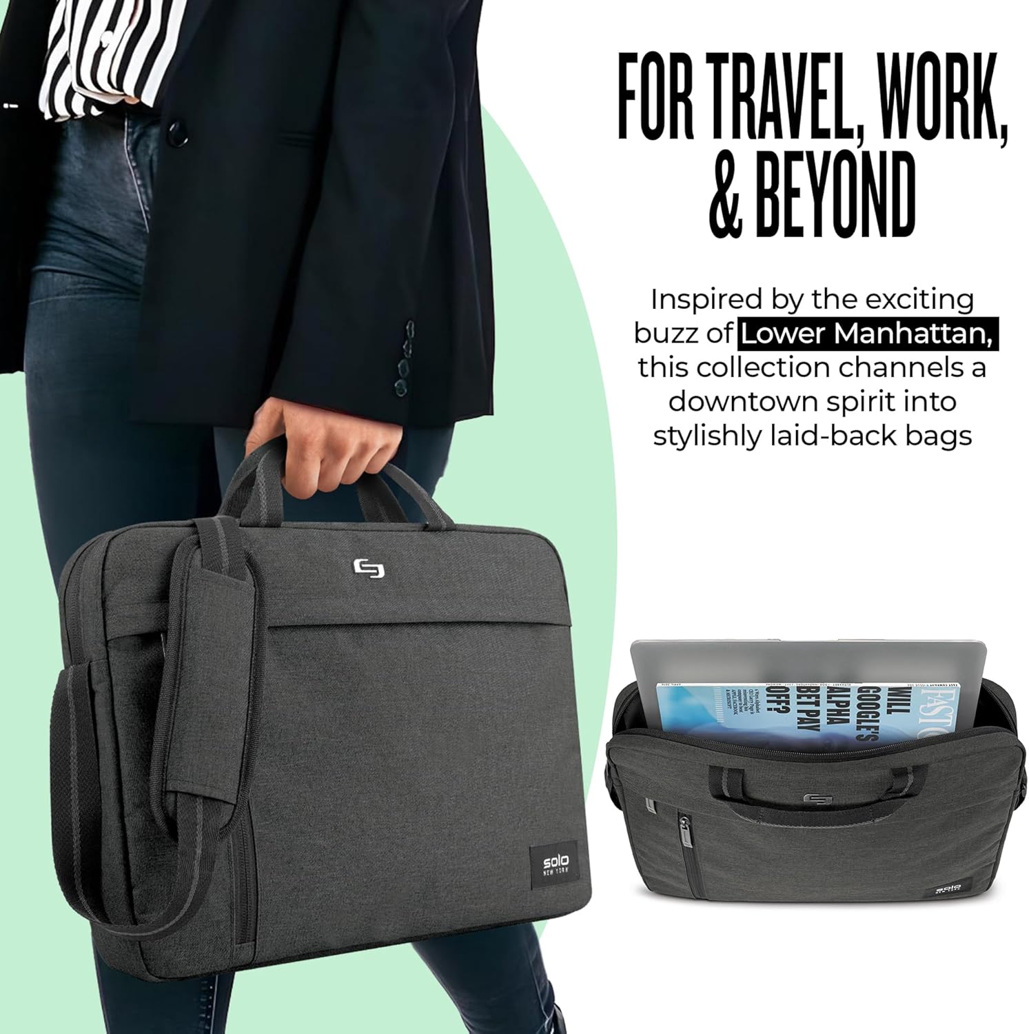 Solo New York Briefcase - Laptop Carrying Bag for Women & Men, Brief for Travel & Work, Front Zippered Pockets