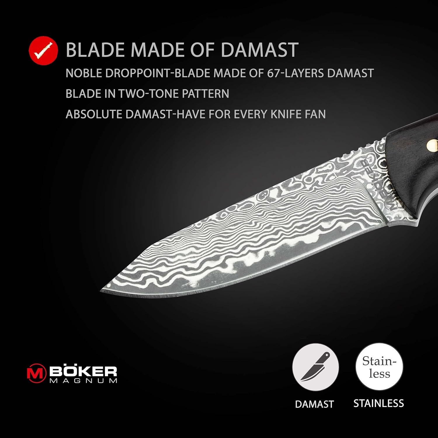 Böker MAGNUM® Vernery Damascus Knife - Hunting knife with leather sheath black
