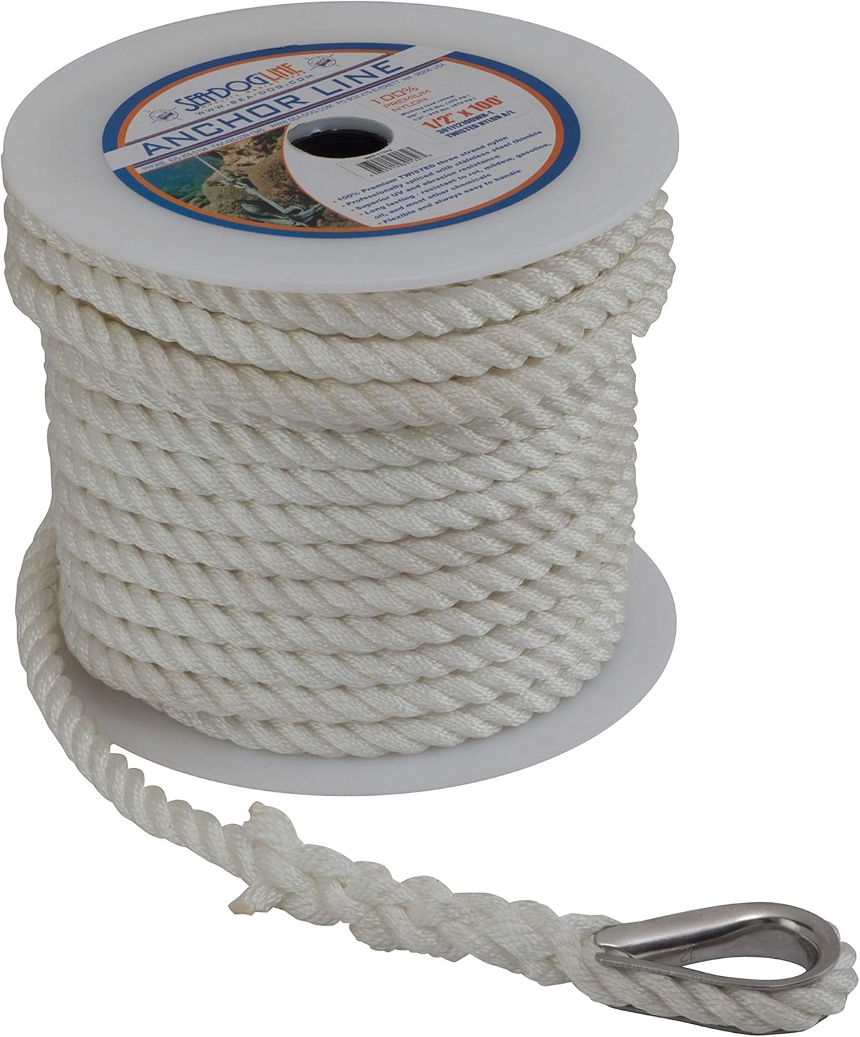 Sea Dog 301110060WH-1 Twisted Nylon Anchor Line with Thimble, 3/8" x 60'