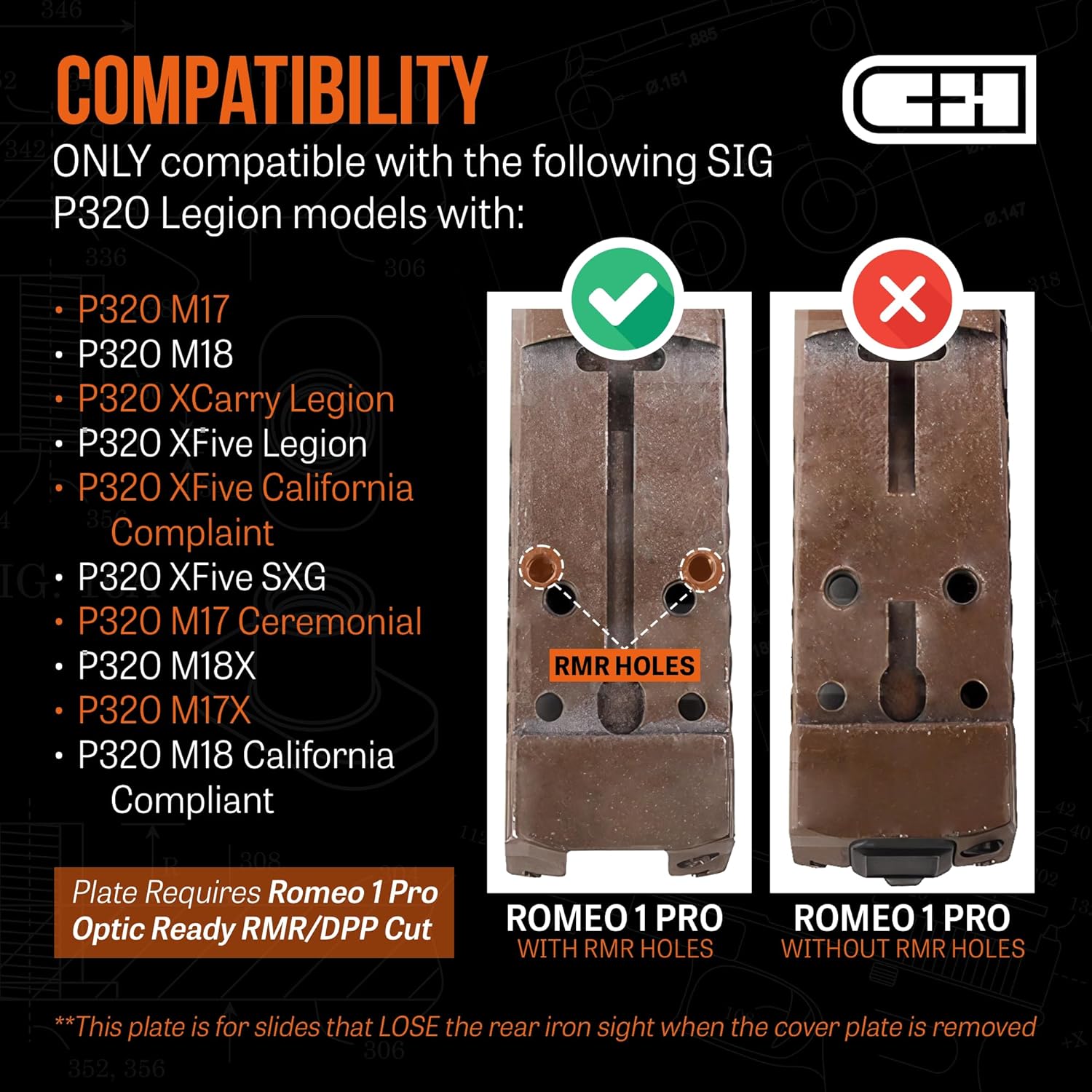 C+H Precision Optics Adapter Plate with 10-8 Rear Sight for SIG P320 Legion (X-Five/M17/M18) with Romeo 1 Pro Optic Ready