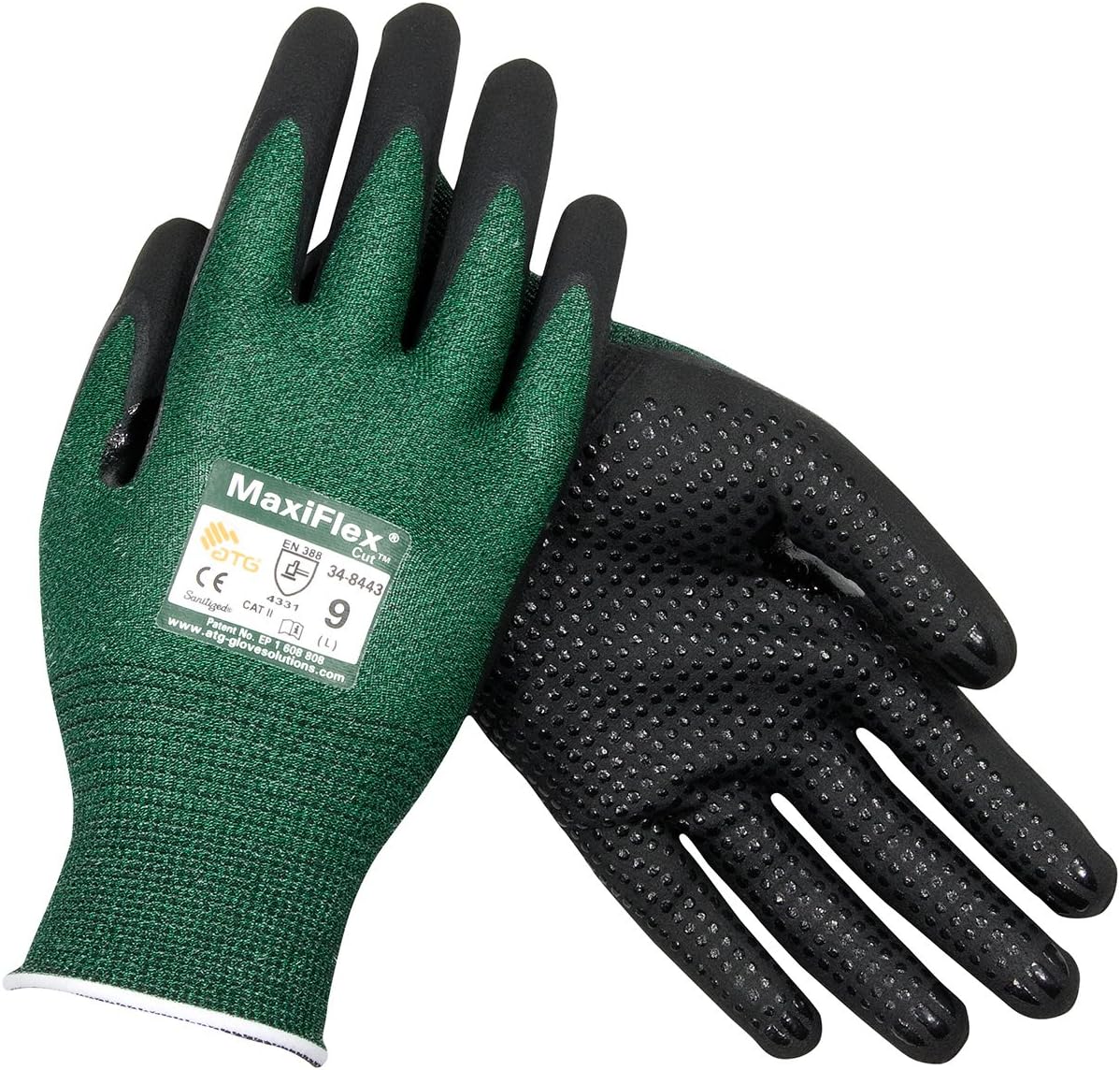 ATG 34-8443/XL Maxiflex Cut, Green Eng Yarn, Black Nitrile Dotted Microfoam Grip, A2 Green XL