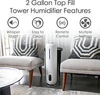 Crane 2 Gallon Top Fill Ultrasonic Cool Mist Tower Humidifier for Home, Whisper Quiet, Filter Free, Dishwasher Safe, Auto Shutoff, White
