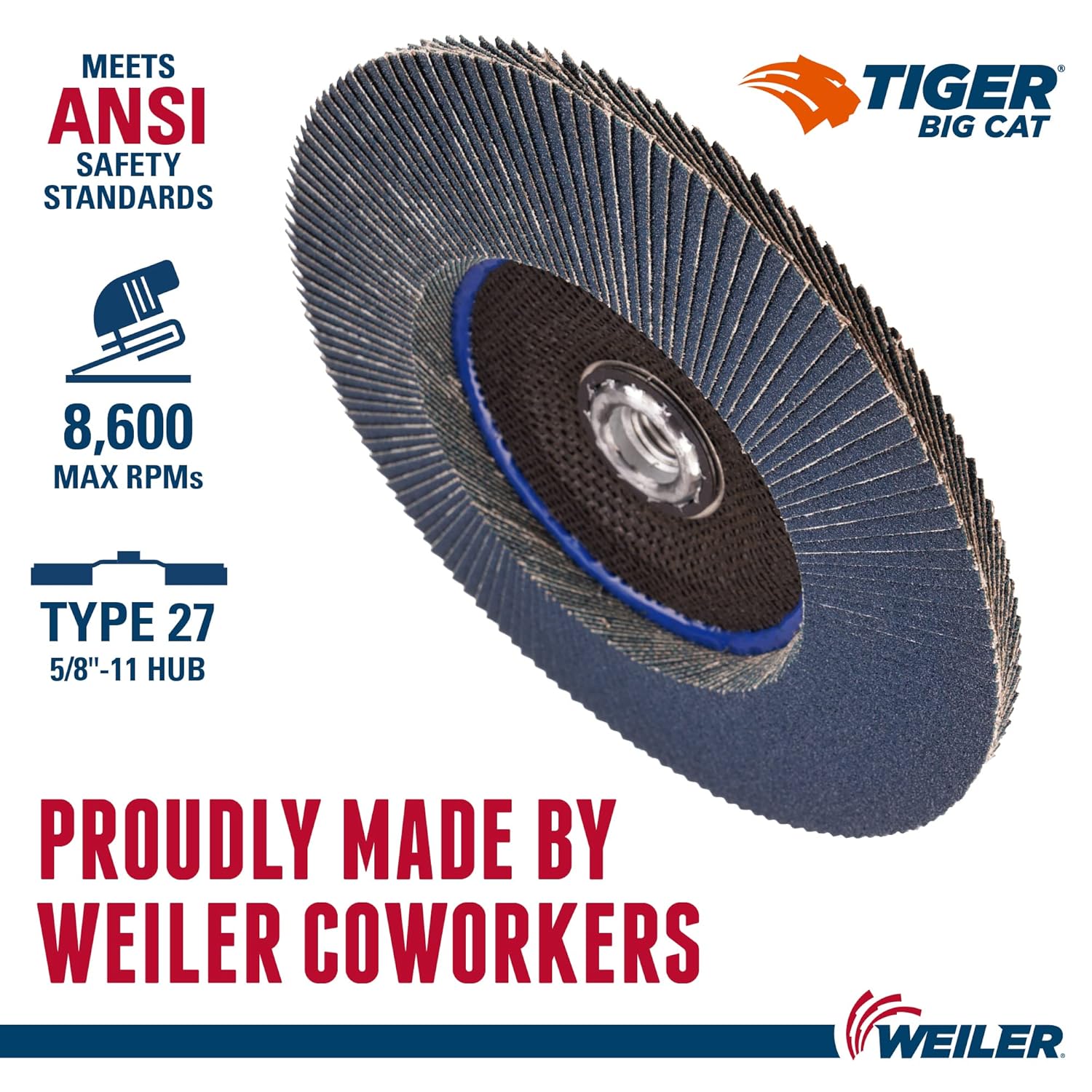 Weiler 50843 Big Cat High Density Abrasive Flap Disc, Type 27, Threaded Hole, Phenolic Backing, Zirconia Alumina, 7" Dia