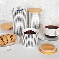 Mind Reader 3-Piece Canister Set, Sugar Container, Coffee Storage, Lids, Kitchen, Ceramic, 4"L x 4"W x 7"H, Black and White