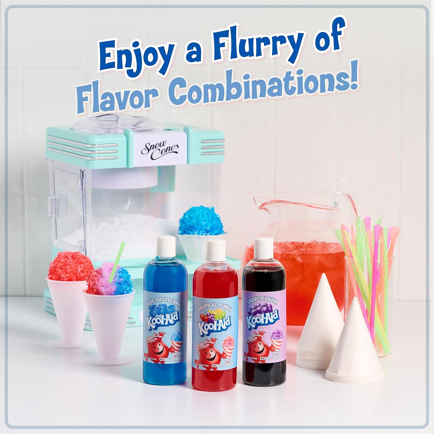 NOSTALGIA Snow Cone Syrup Party Kit with Cups and Spoon-Straws